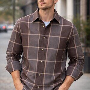 Van Heusen Men’s Large Brown Plaid Button Down Shirt Long Sleeve Casual